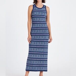 Lauren Ralph Lauren Blue Knit Maxi Dress M | Sleeveless Boho Tribal Linen Cotton